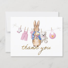 Postal Pedro el conejo con banderines rosados gracias