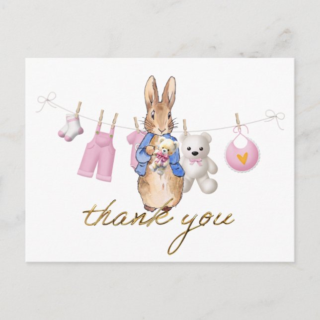 Postal Pedro el conejo con banderines rosados gracias (Anverso)