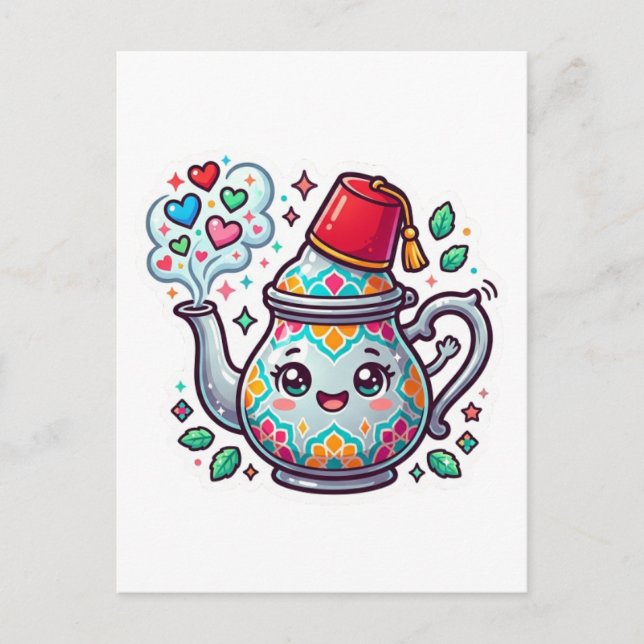 Postal Pegatina de tetera de menta marroquí Kawaii (Anverso)