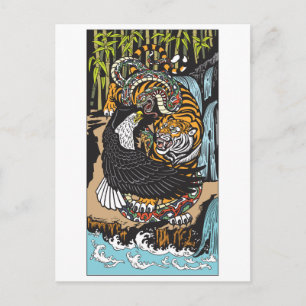 Postal Peleas de tigres, águilas y serpientes. Arte gráfi