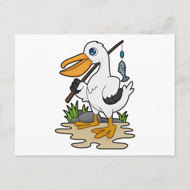 Postal Pelícano como pescador con barra de pesca y pescad (Anverso)