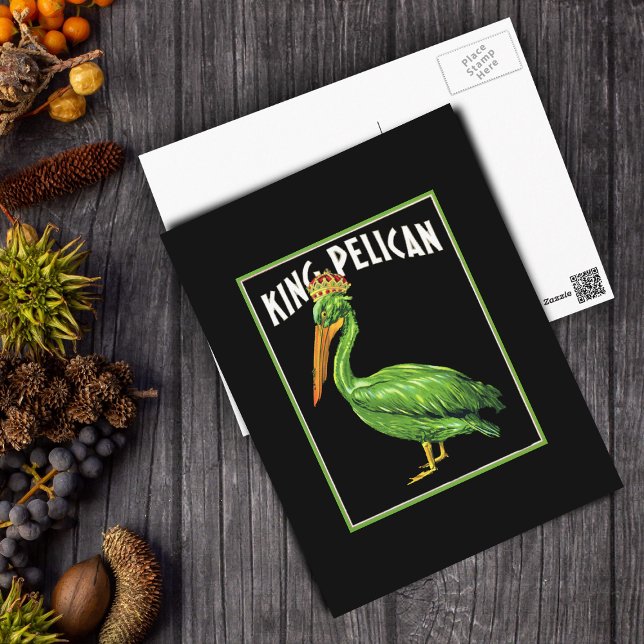 Postal Pelícola de Green King (King pelican bird with green feathers wearing a crown on its head on black postcard.)