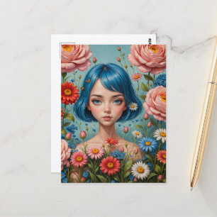 Postal Pelo azul y flores