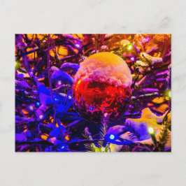 Postal Pelota de ornamentos rojos, cubierta de nieve