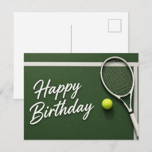 Postal Pelota de tenis con Feliz Cumpleaños en la cancha