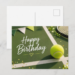 Postal Pelota de tenis con Feliz Cumpleaños en la cancha