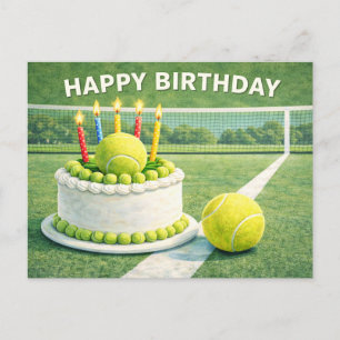 Postal Pelota de tenis con feliz cumpleaños y pastel sobr