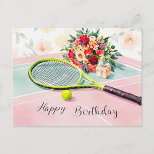 Postal Pelota de tenis con la palabra feliz cumpleaños en