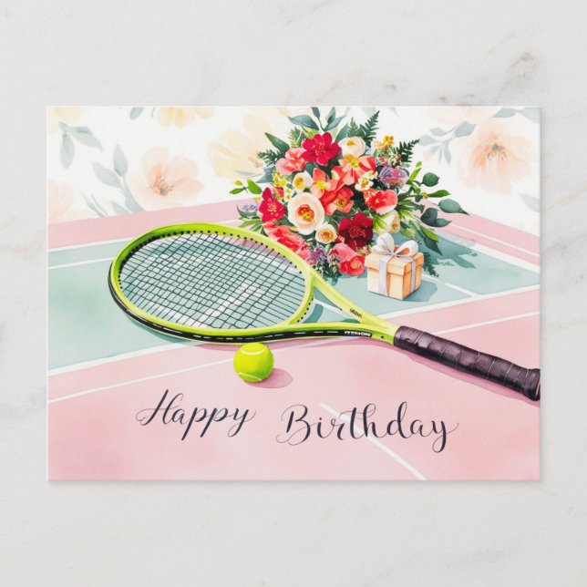Postal Pelota de tenis con la palabra feliz cumpleaños en (Anverso)