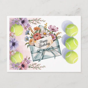 Postal Pelota de tenis y flores para el cumpleaños del ju