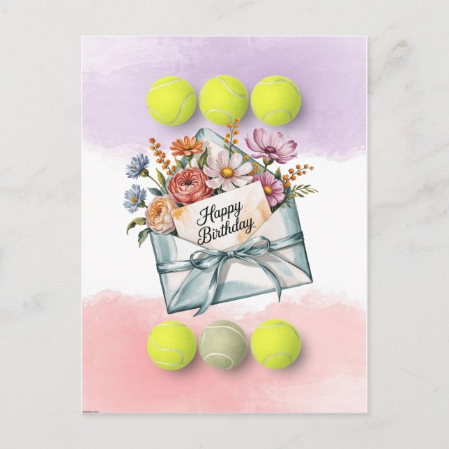 Postal Pelota de tenis y flores para el cumpleaños del ju (Anverso)