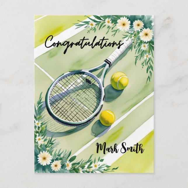 Postal Pelota y flores de felicitación con tema de tenis (Anverso)
