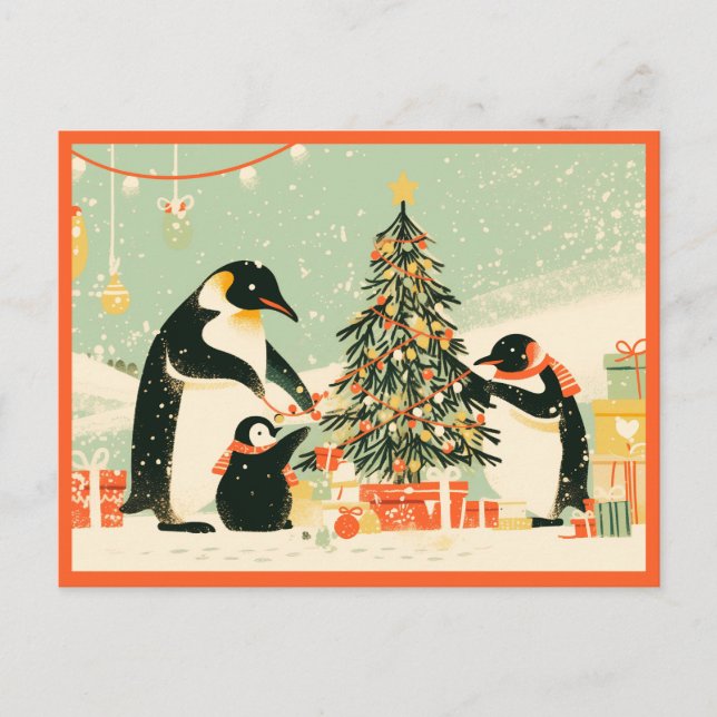 Postal Penguin Family Decorating Christmas Tree Postcard (Anverso)