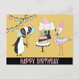 Postal Penguin Flamingo Elephant Birday Card