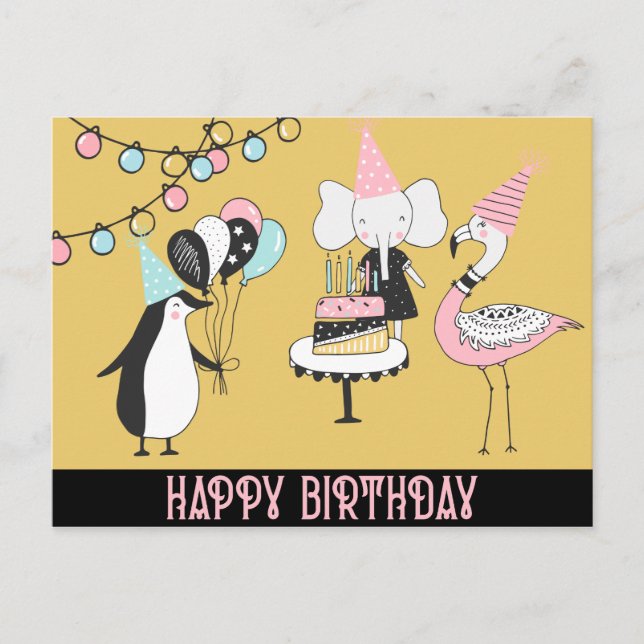 Postal Penguin Flamingo Elephant Birday Card (Anverso)