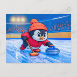 Postal Penguin Playing Curling on an Icy Winter Rink