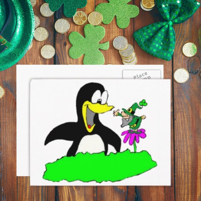 Postal Penguin y Leprechaun (Penguin and Leprechaun Postcard)