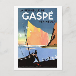 Postal Península de Gaspé, pescador en la costa, vintage