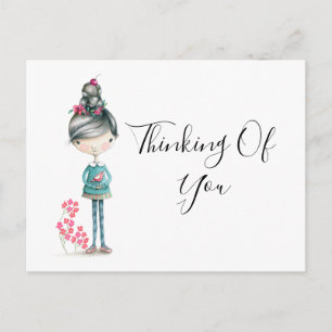 Postal "Pensando en ti" Chica de Boho con pájaro