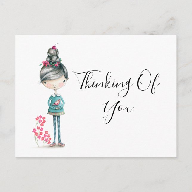 Postal "Pensando en ti" Chica de Boho con pájaro (Anverso)