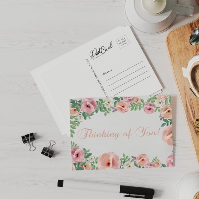 Postal Pensando en ti Pastel Bonito Floral Rosa (Subido por el creador)