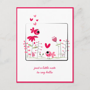 Postal Pensando en Ti Pink Whimsical Pájaros Rosados Flor