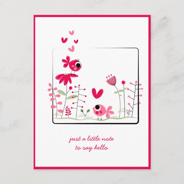 Postal Pensando en Ti Pink Whimsical Pink Birds Flores (Anverso)