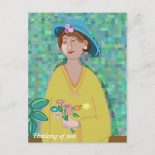 Postal Pensando en una mujer de arte moderno con un vesti