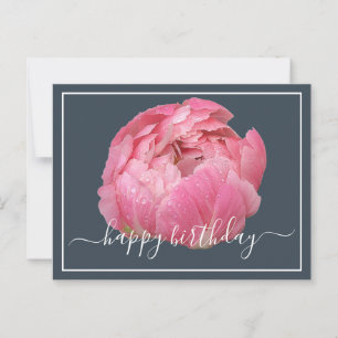 Postal Peonía Rosa Con Dew Drogas Gris Fondo Cumpleaños