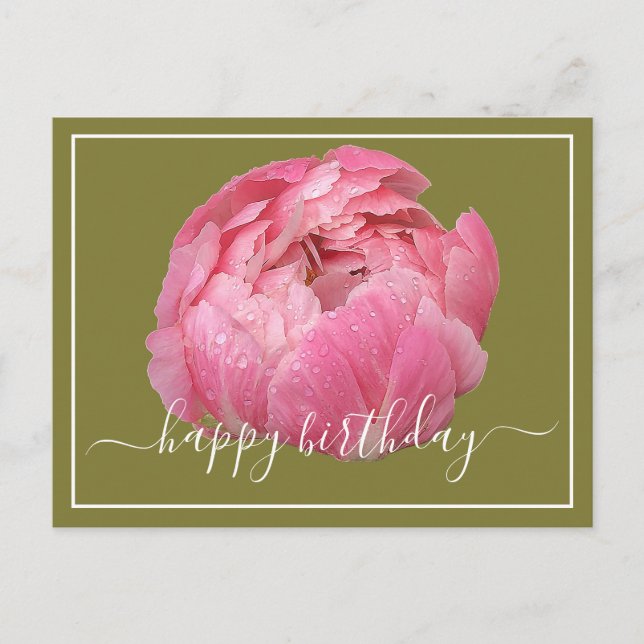 Postal Peonía Rosa con gotas de rocío Fondo verde Cumplea (Anverso)