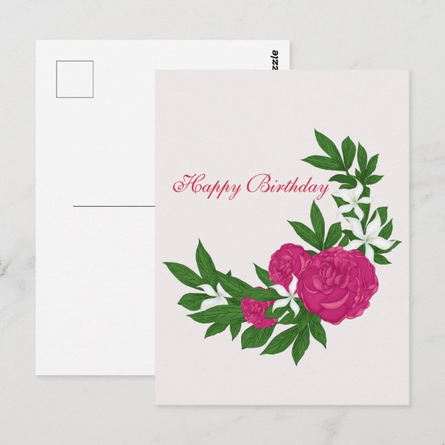Postal Peonías rosadas y flores blancas para cumpleaños (Anverso / Reverso)