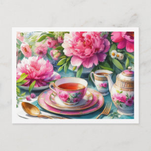 Postal Peonías y Taza de Té Rosa  Fiesta Floral de Té 