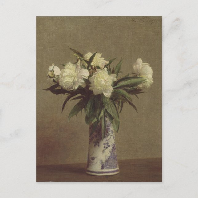 Postal Peonies en una maleta azul y blanca (Anverso)