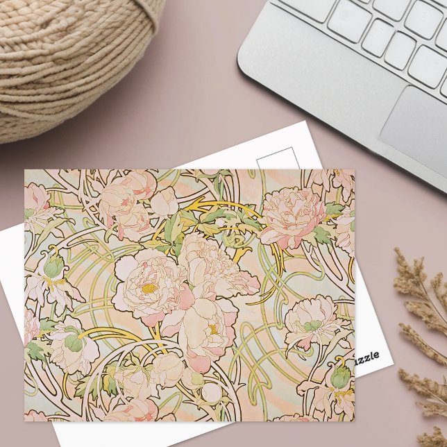 Postal Peonies Watercolor Alphonse Mucha (Subido por el creador)