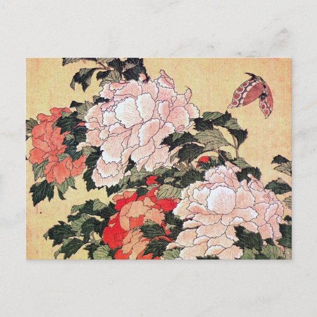 Postal Peonies y mariposa Hokusai (Anverso)