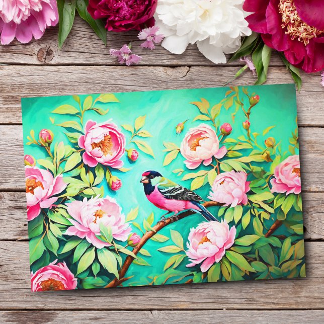 Postal Peony Pine Gosbeak ai Pintura de aceite de arte (Share nature's charm, perfect for sending heartfelt messages and greetings.)
