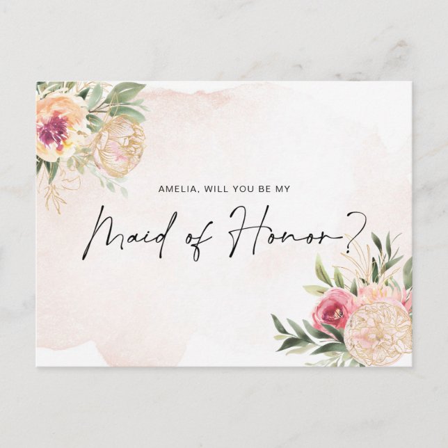 Postal Peony y Gold Bloom Maid of Honor Post Card (Anverso)