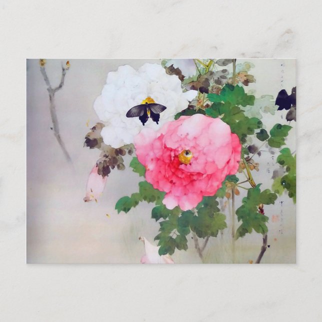 Postal Peony y Mariposa (detalle), Watanabe Seitei (Anverso)