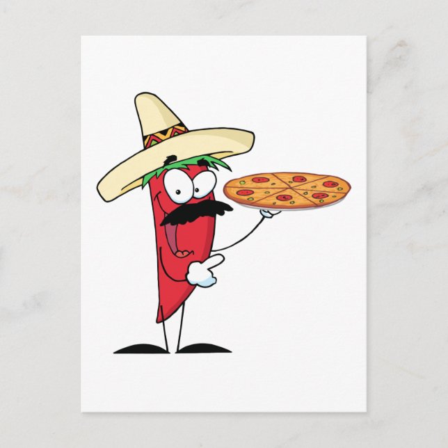 Postal Pepper de Sombrero Chile sostiene pizza (Anverso)
