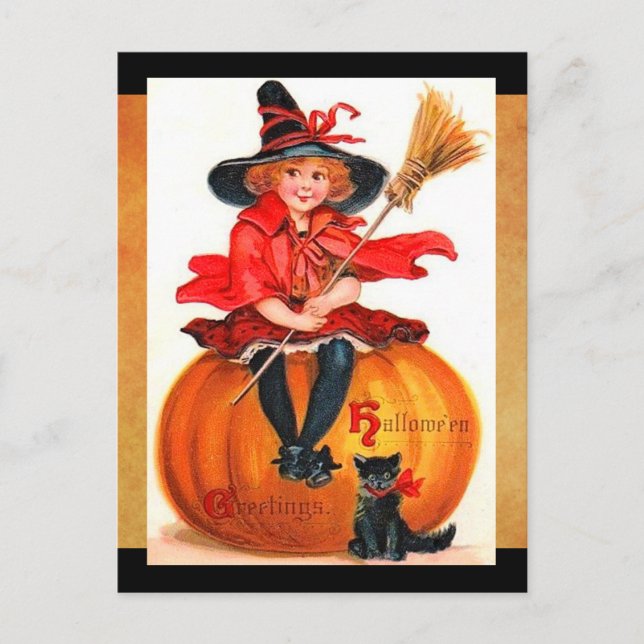 Postal Pequeña Bruja de Halloween de época (Anverso)