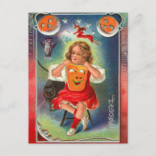 Postal Pequeña Bruja de Halloween de época
