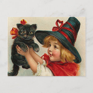 Postal Pequeña Bruja de Halloween de época con gato negro