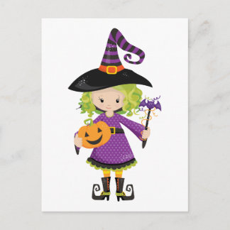Postal Pequeña Bruja linda con calabaza