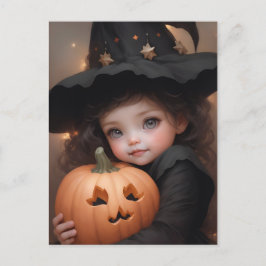 Postal Pequeña Bruja linda con su calabaza de Halloween