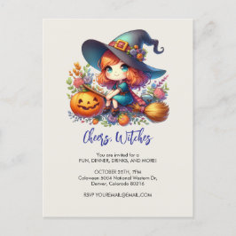 Postal pequeña bruja linda vestida de azul, Halloween
