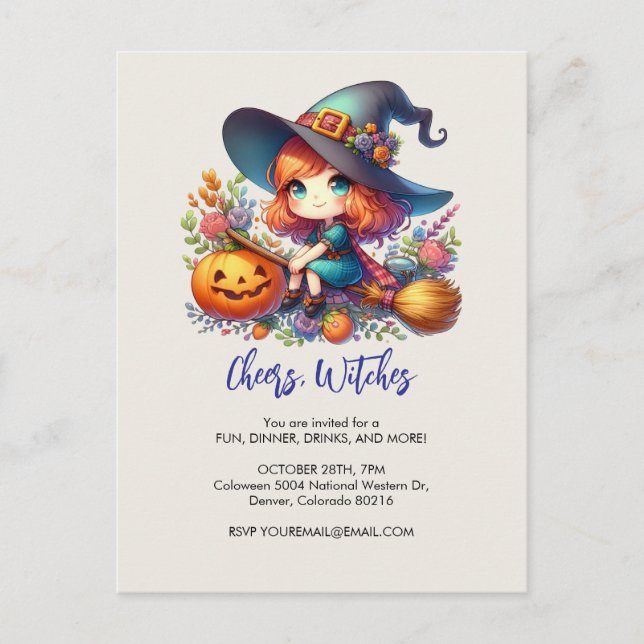 Postal pequeña bruja linda vestida de azul, Halloween (Anverso)