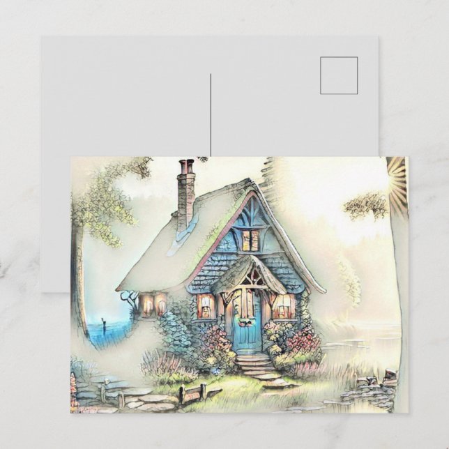 Postal Pequeña Cabaña En El Bosque - Escapada Encantadora (Anverso / Reverso)