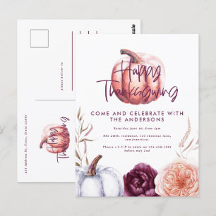 Postal pequeña calabaza floral otoño morado acción de gra