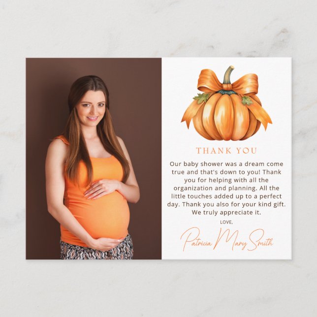 Postal Pequeña Calabaza Foto De Baby Shower Gracias (Anverso)