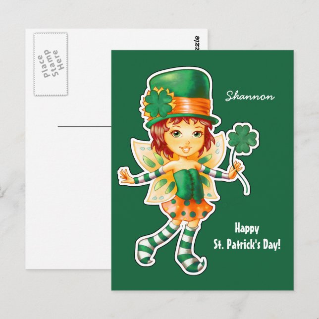 Postal Pequeña Chica irlandesa de hadas St. Patrick's Day (Anverso / Reverso)